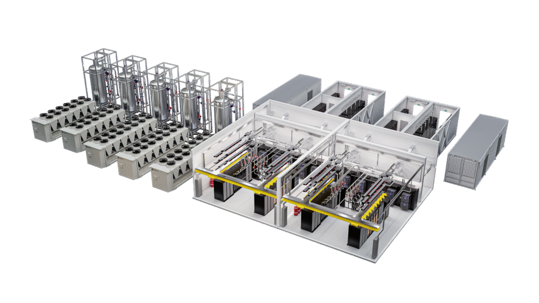 The versatile, prefabricated Vertiv™ MegaMod™ HDX power and thermal infrastructure integrates direct-to-chip liquid cooling with air cooling, to support AI and high-density requirements. © Vertiv